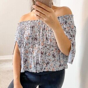 ASTR the Label Blouse Anabelle Light Blue Pink Brown Floral Off Shoulder Crepe